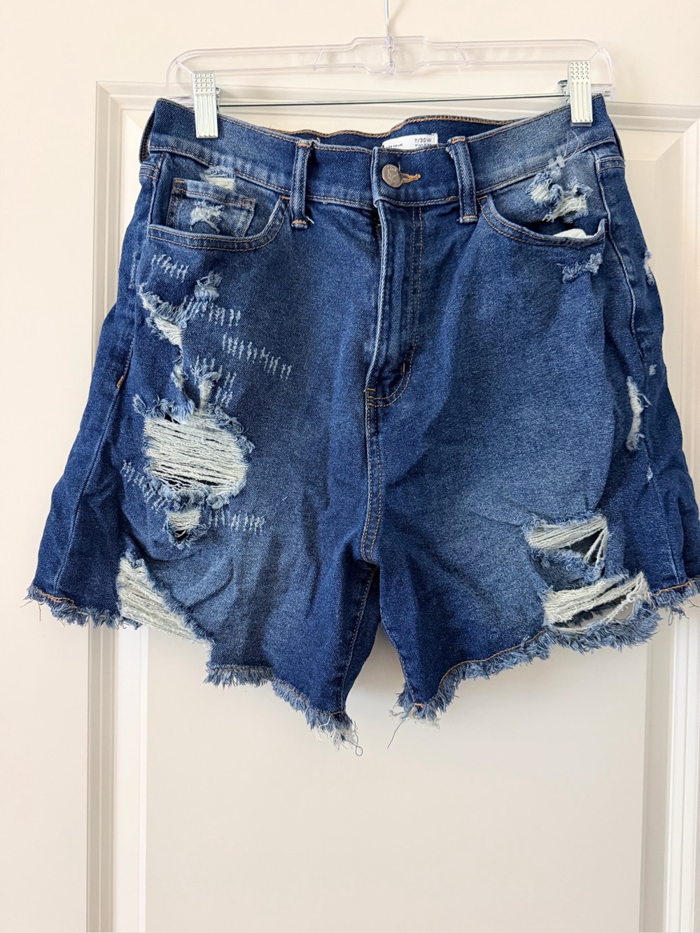Distressed High-Rise Denim Shorts - Blue